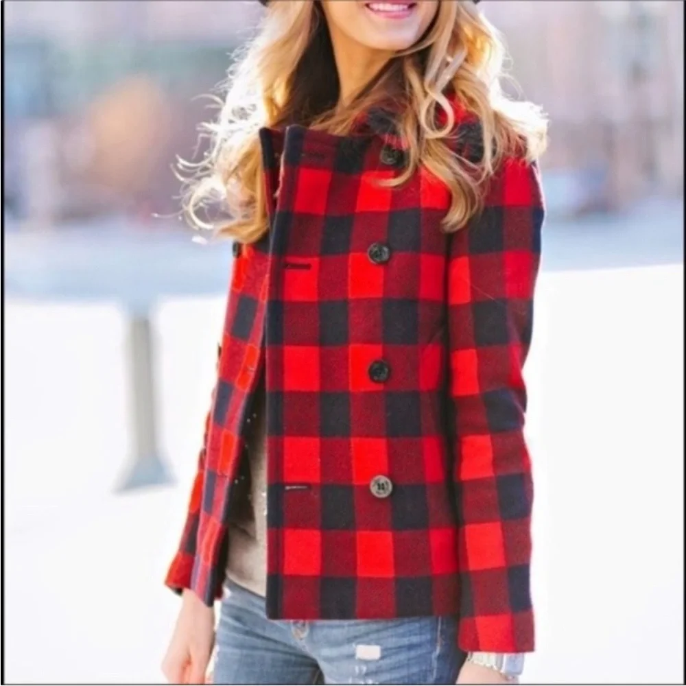 J.Crew Buffalo Check Short Peacoat Wool Red & Black Size 0 - Picture 1 of 11